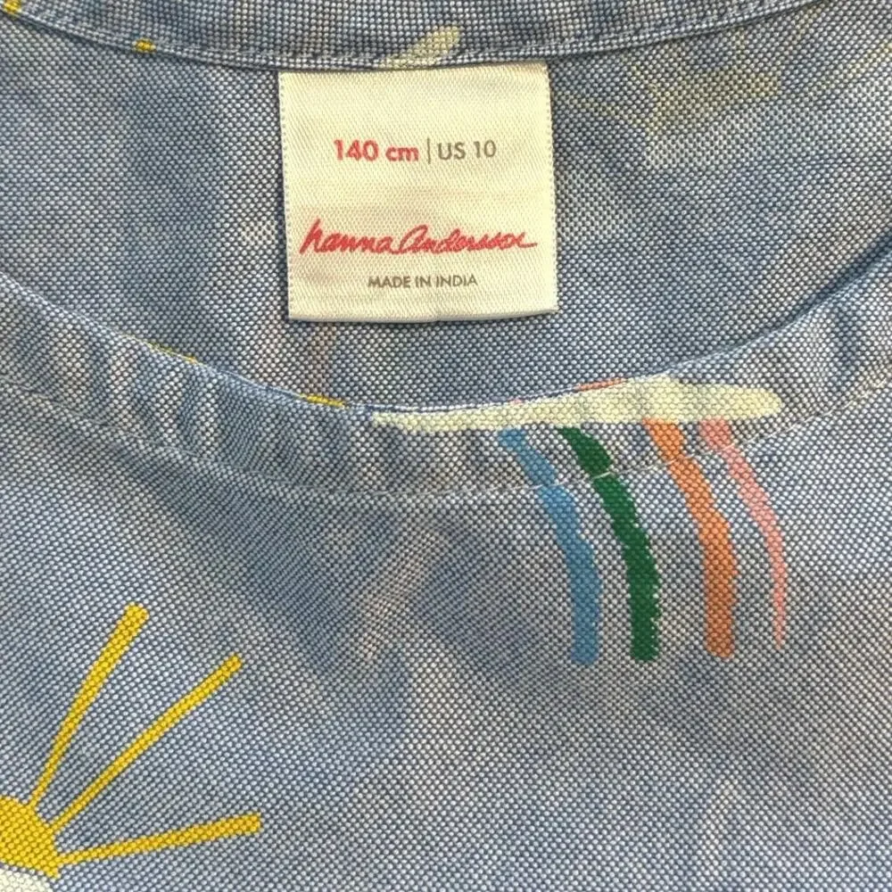 Hanna Andersson Size 140 US 10 Rainbow Print Sundress Dress Blue Oxford Cloth